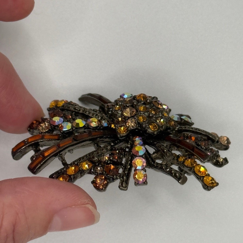 Vintage Amber Topaz Rhinestone Starburst Sparkle Brooch Gunmetal Sunburst Pin - Picture 9 of 10